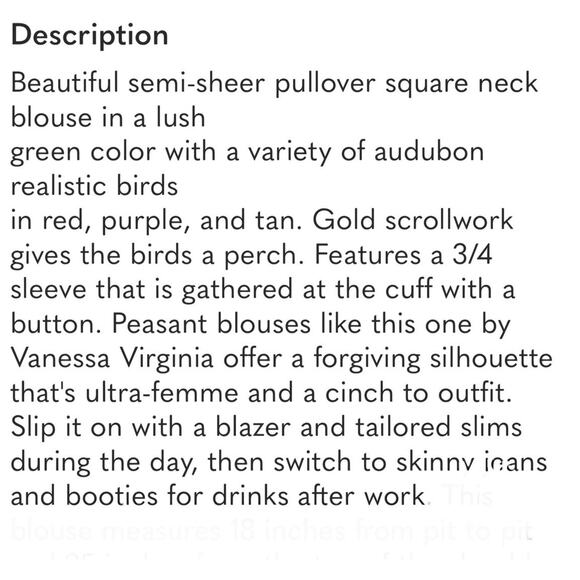 Vanessa Virginia Silk ANTHROPOLOGIE Green Blouse Top Bird Baroque Womens S 4 - Picture 9 of 9